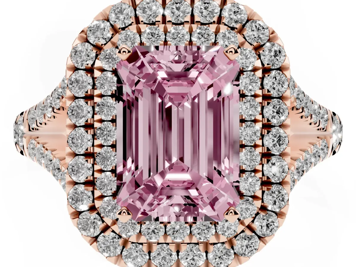 Fancy Pink Emerald Cut Diamond Pavé Split Shank Double Halo Engagement Ring Rose gold