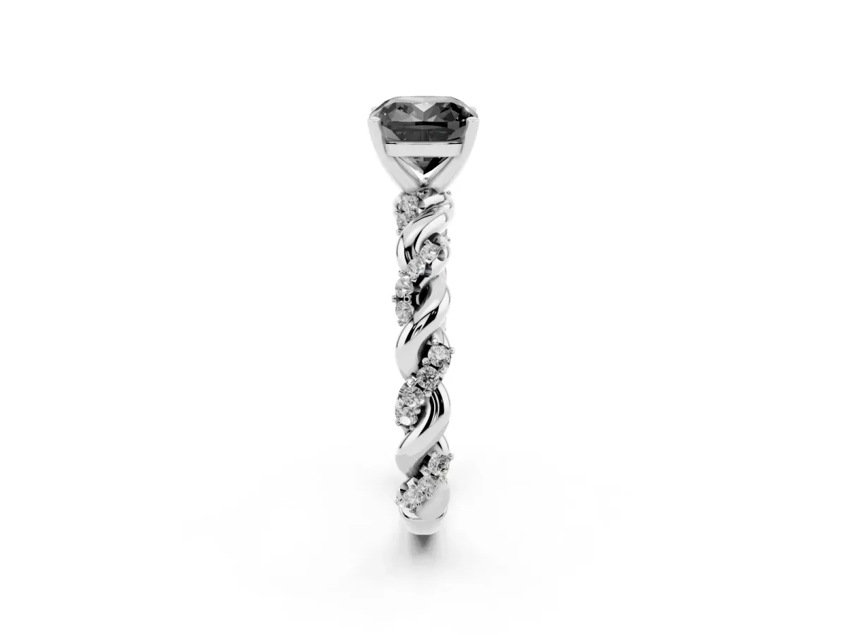 Fancy Black Cushion Cut Diamond Solitaire Ring with Twisted Band and Pavé Accents White gold
