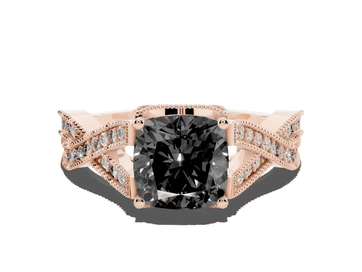 Fancy Black Cushion Cut Cut Diamond Twisted Band with Milgrain Pave Setting and Four-Prong Setting Rose gold
