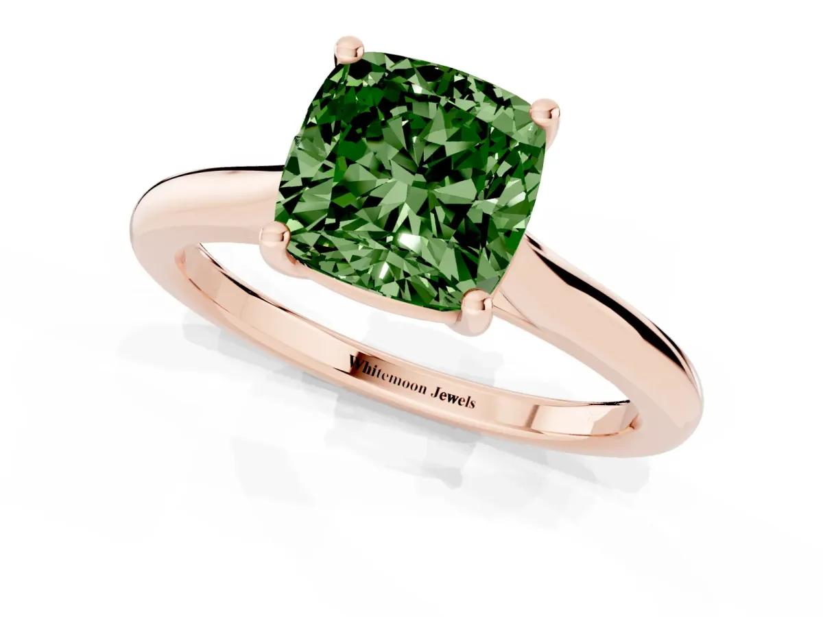 Fancy Green Cushion Cut Cut Solitaire Ring with Cathedral Band and Four-Prong Setting Rose gold