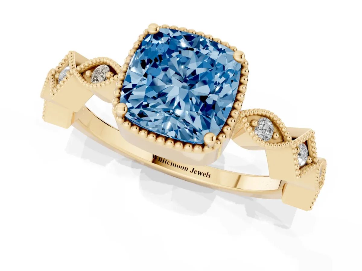 Fancy Blue Cushion Cut Milgrain Marquise Diamond Twist Band Ring Yellow gold