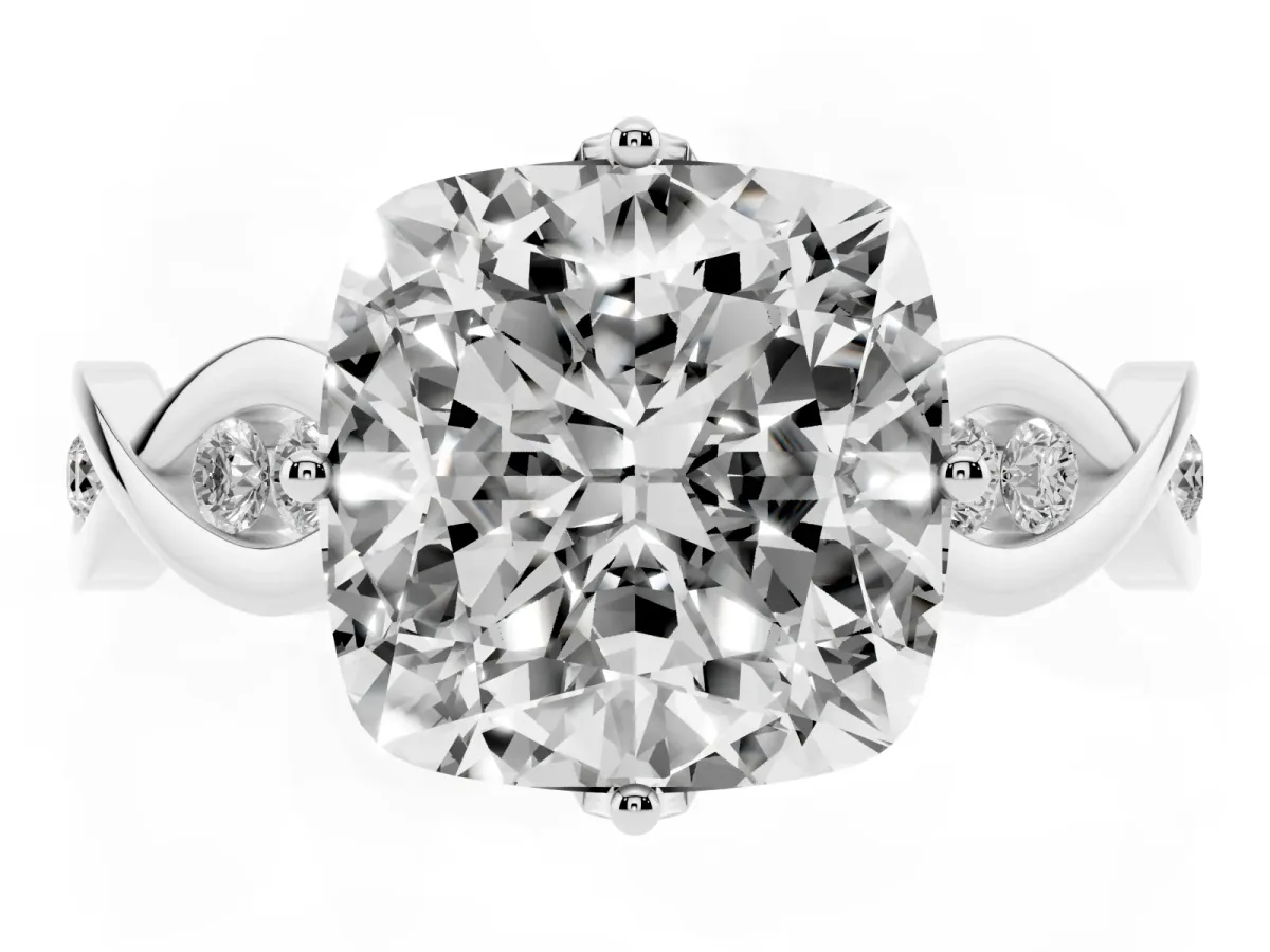 Cushion Cut Solitaire Twist Band with Leaf Prong Setting White gold