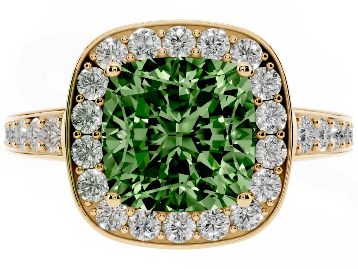 Fancy Green Cushion Cut Halo Pavé Diamond Engagement Ring with Bezel Setting Yellow gold