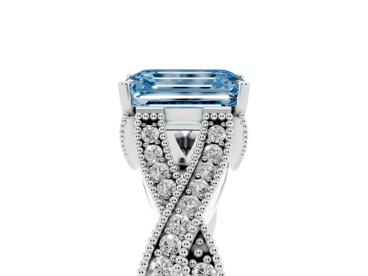 Fancy Blue Emerald Cut Cut Diamond Twisted Band with Milgrain Pave Setting and Four-Prong Setting Silver