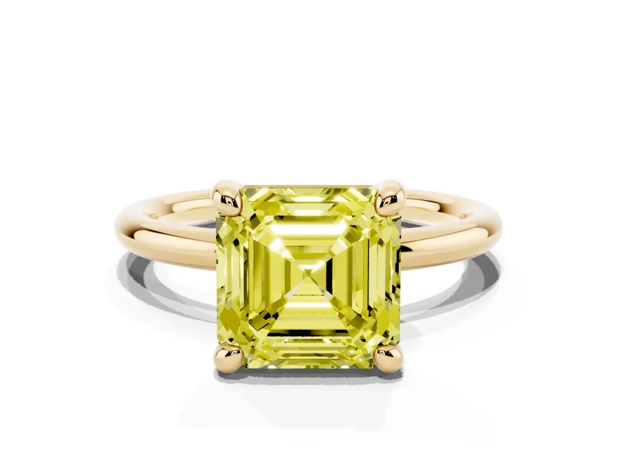 Fancy Yellow Asscher Cut Solitaire Diamond Ring with Four-Prong Setting on a Plain Band Yellow gold