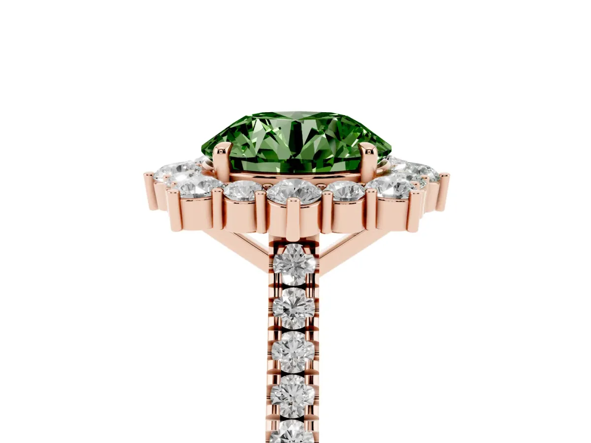 Fancy Green Round Cut Halo Diamond Ring with Pavé Band and Prong Setting Rose gold