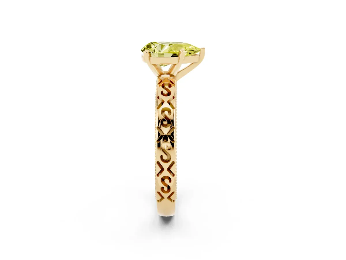 Fancy Yellow Pear Cut Solitaire Engagement Ring with Scrollwork Band and Four-Prong Setting Yellow gold