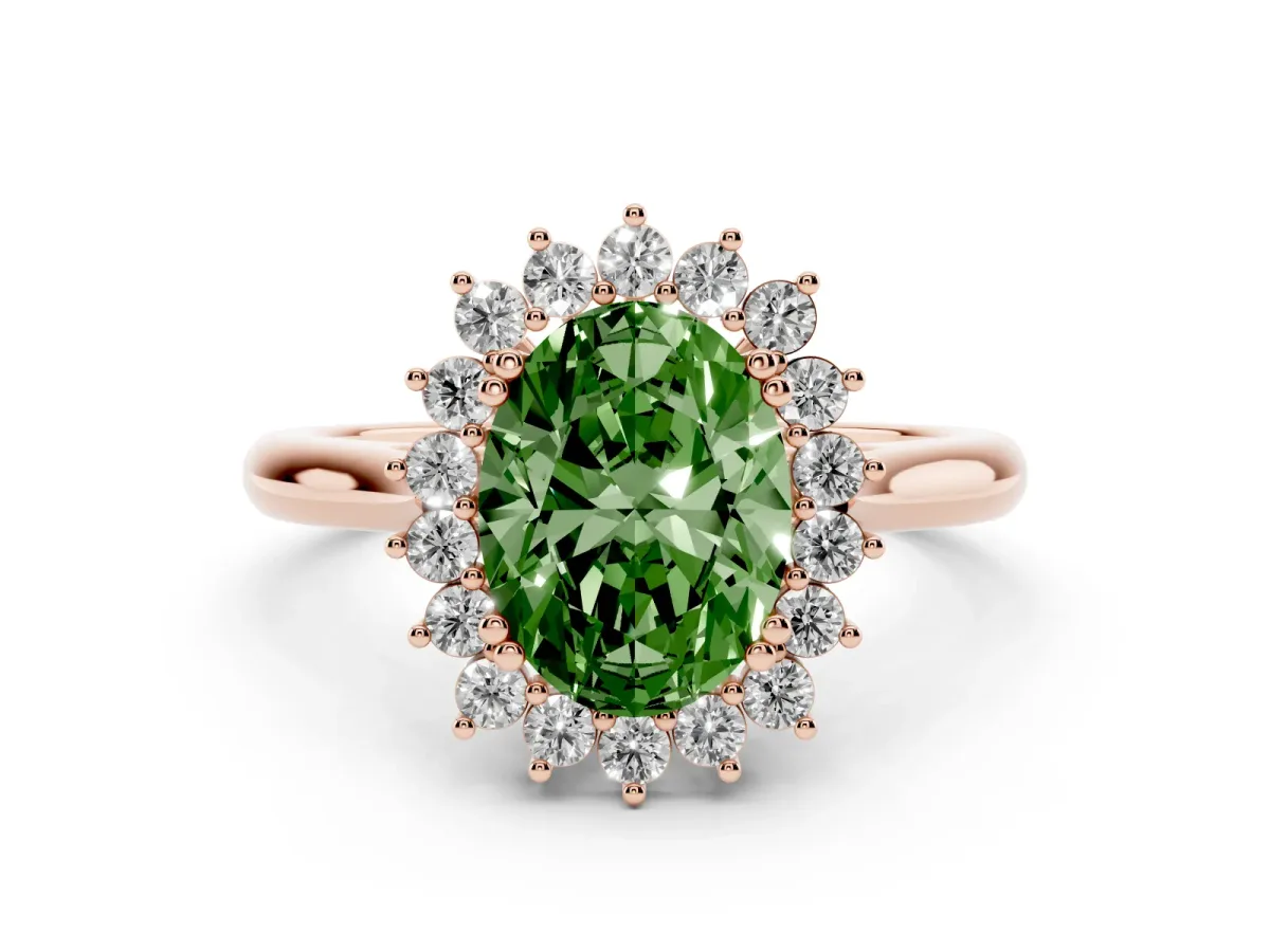 Fancy Green Oval Cut Cut Diamond Halo Ring with Solitaire Band and Prong Setting Rose gold