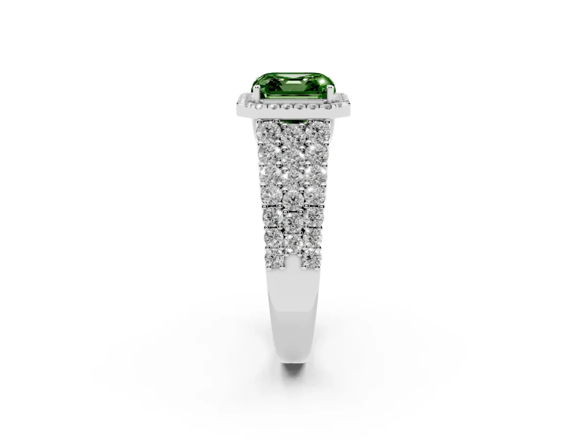 Fancy Green Asscher Cut Diamond Halo Engagement Ring with Triple Row Round Pavé Band and Prong Setting Platinum