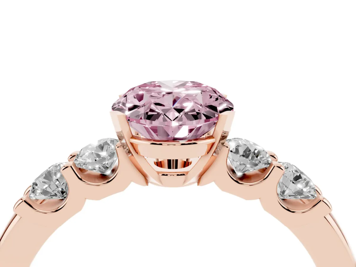 Fancy Pink Oval Cut Brilliant Cut Diamond Five-Stone Prong Set Engagement Ring with Channel Band Rose gold