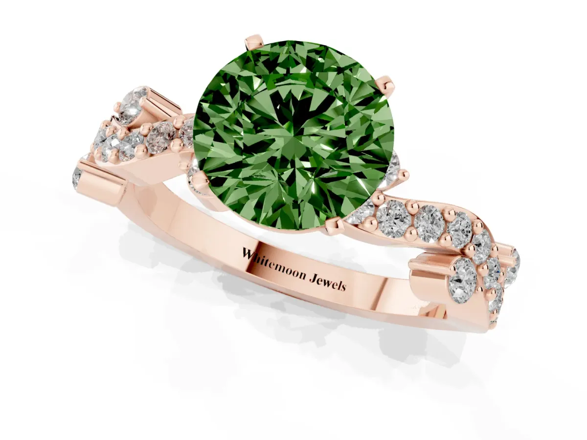 Fancy Green Round Cut Cut Solitaire Diamond Twisted Band with Pave Setting Rose gold