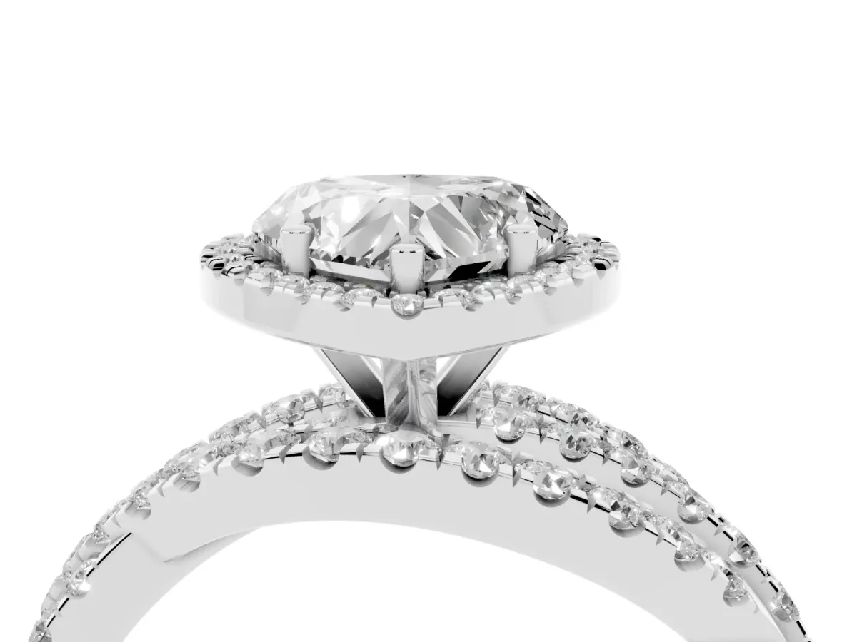 Heart Cut Diamond Halo Ring with Round Split Shank and Prong Setting White gold