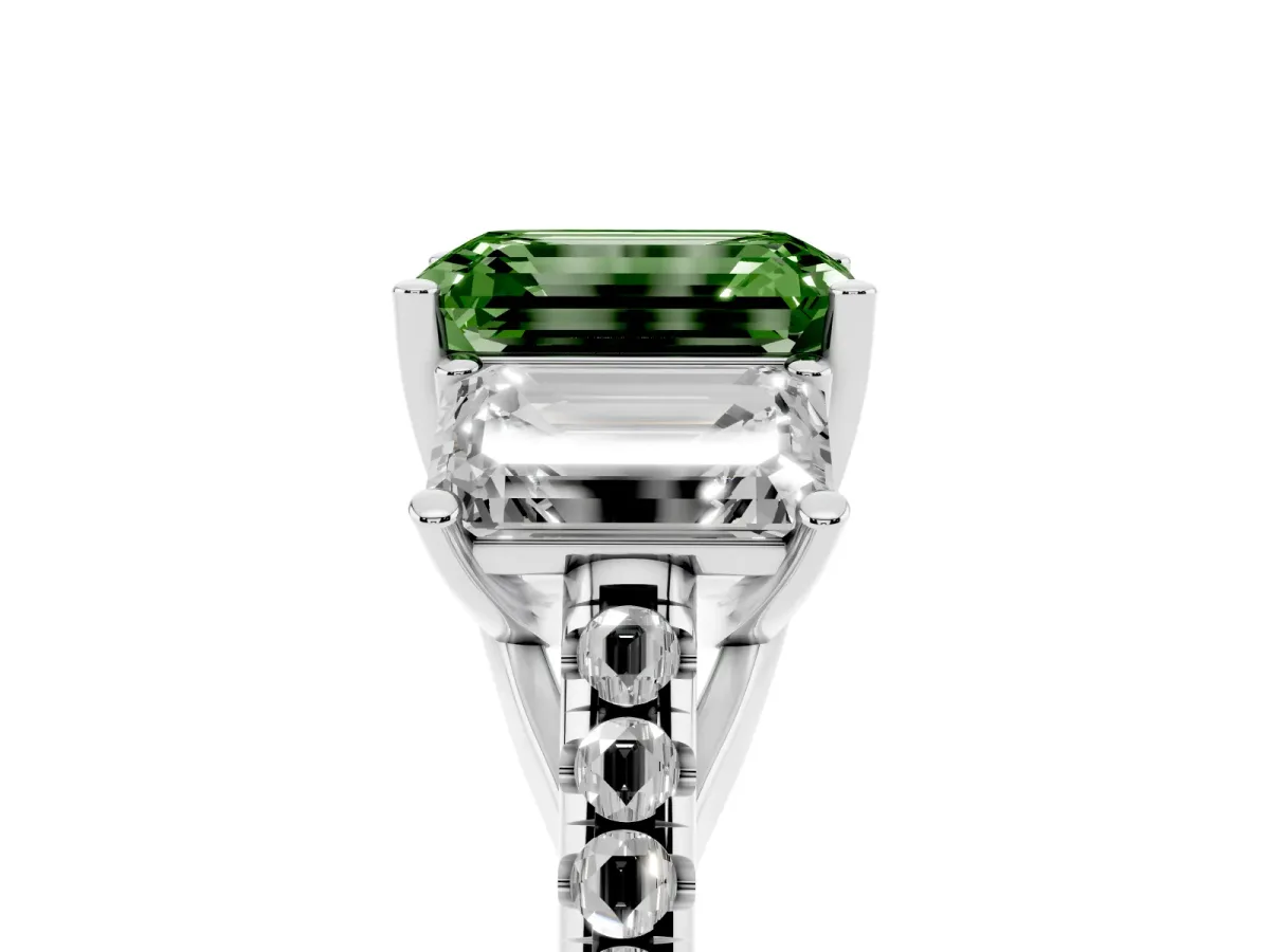 Fancy Green Three-Stone Emerald Cut Diamond Ring with Round Pavé Band and Prong Setting Silver