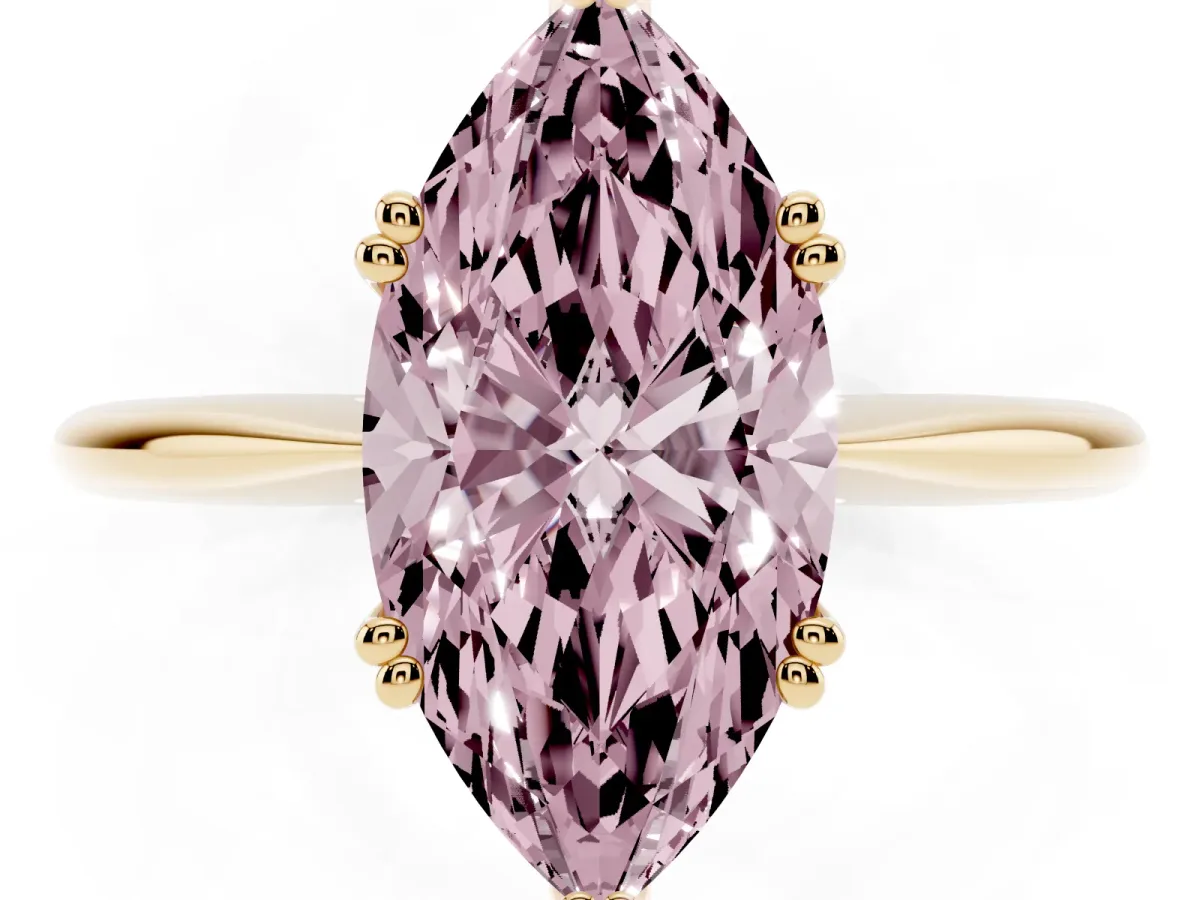 Fancy Pink Marquise Cut Solitaire Diamond Ring with Six-Prong Setting and Classic Band Yellow gold