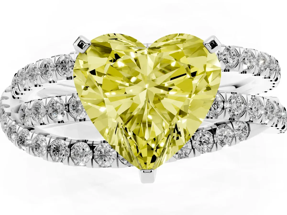Fancy Yellow Heart Cut Solitaire Twist Band with Pavé Setting and Four-Prong Setting Silver