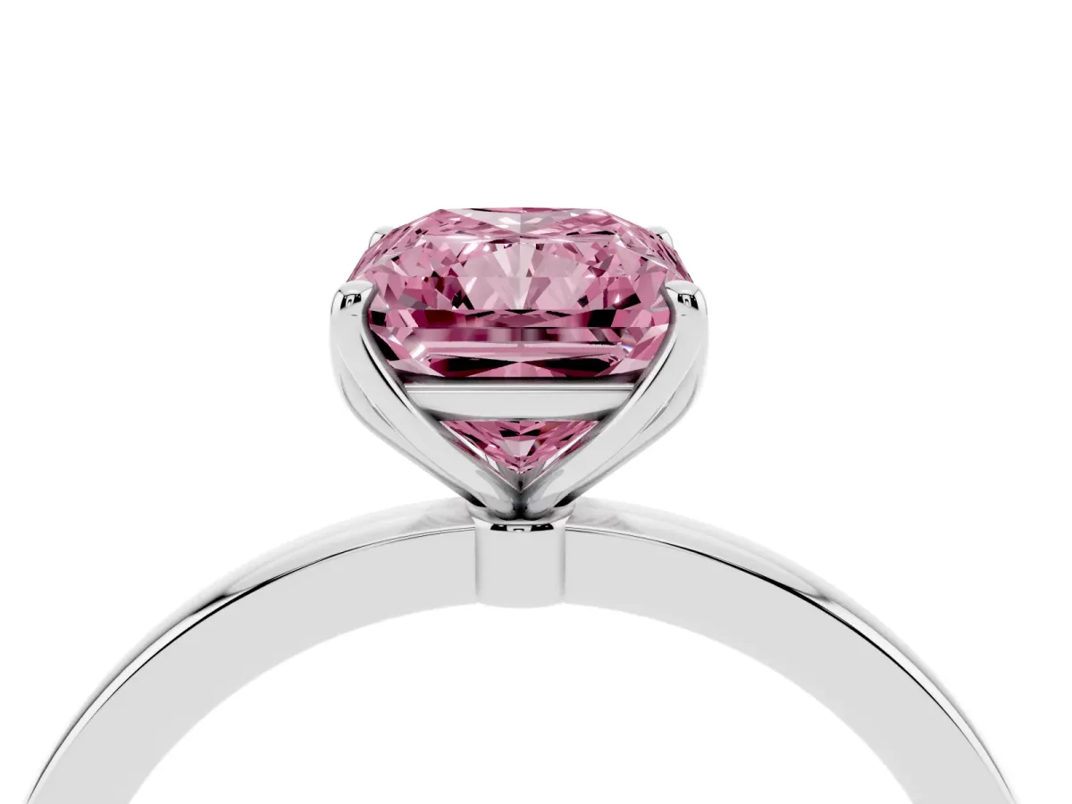 Fancy Pink Radiant Cut Diamond Solitaire Ring with Thin Band and Prong Setting White gold