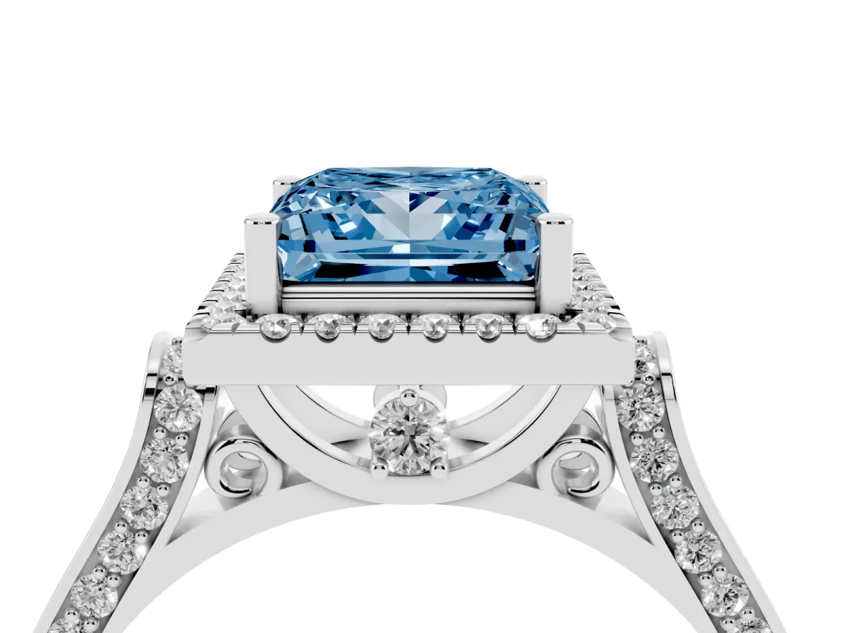 Fancy Blue Princess Cut Halo Round Diamond Twist Band with Four-Prong Setting White gold