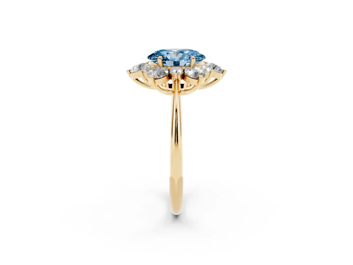 Fancy Blue Oval Cut Diamond Cluster Halo Ring with Solitaire Band and Four-Prong Setting Yellow gold