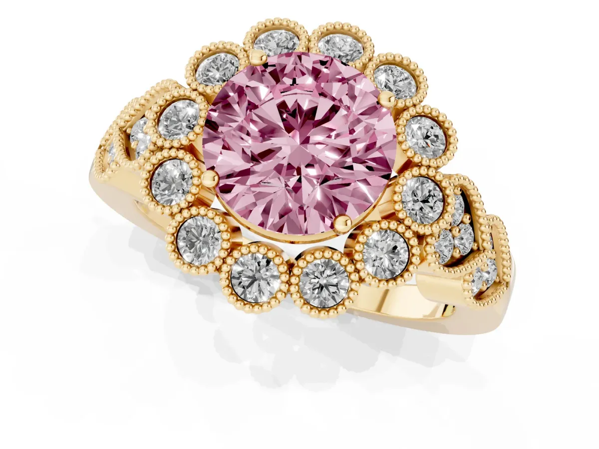 Fancy Pink Round Cut Brilliant Milgrain Pave Heart Band Solitaire Ring Yellow gold