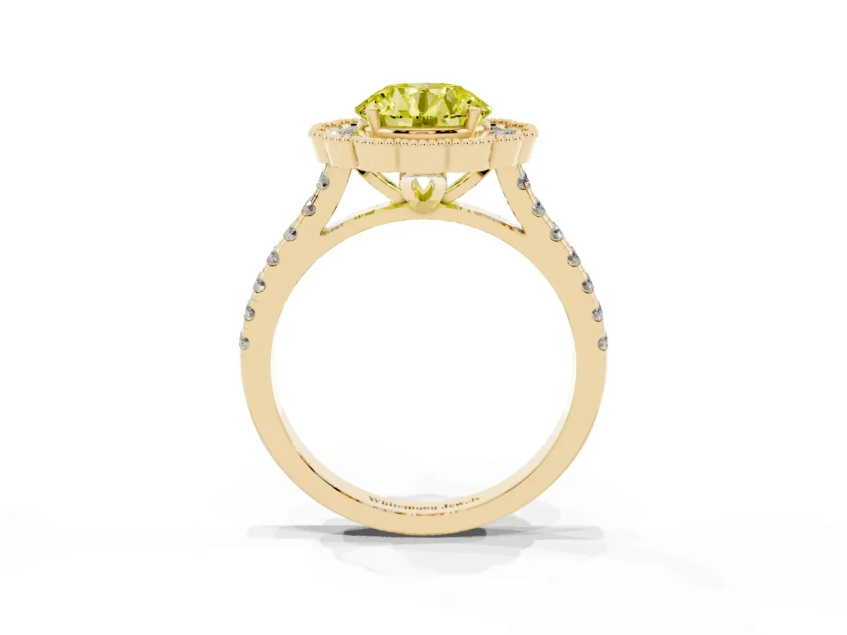 Fancy Yellow Round Cut Cut Diamond Milgrain Floral Halo Engagement Ring with Pavé Band Yellow gold
