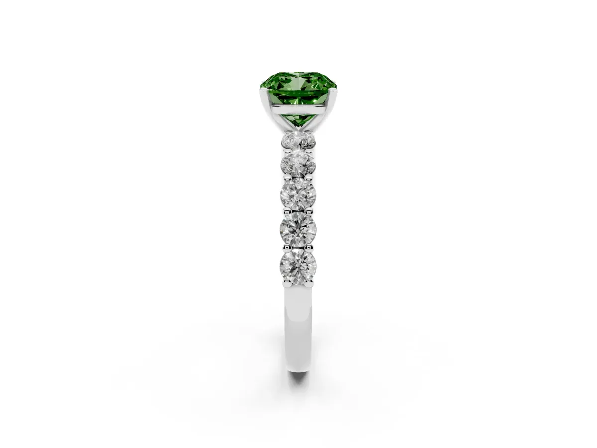 Fancy Green Cushion Cut Diamond Solitaire Ring with Shared Prong Round Side Stones Silver