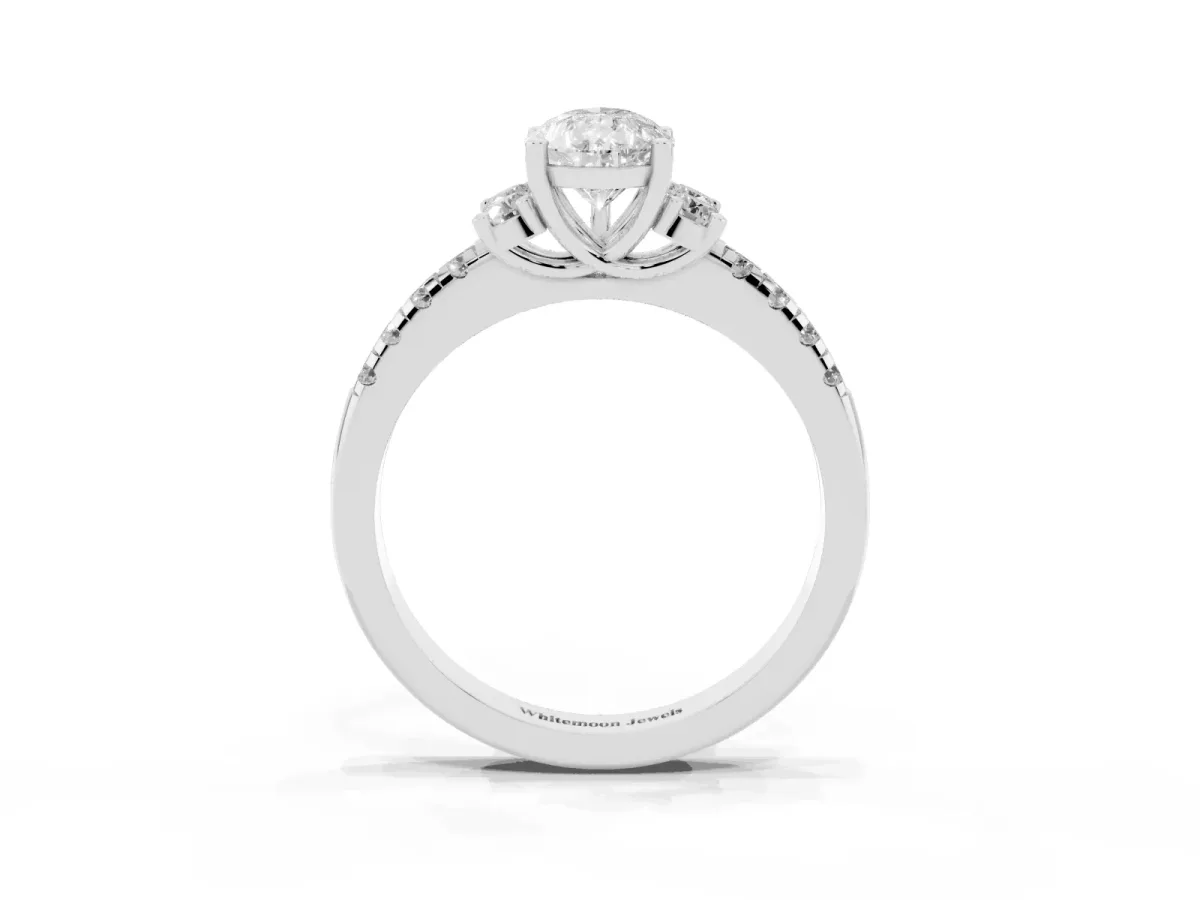 Pear Cut Diamond Three-Stone Pave Band with Four-Prong Setting Silver