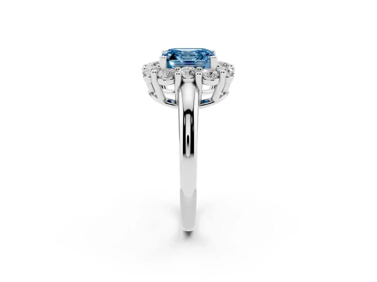Fancy Blue Asscher Cut Halo Cluster Diamond Engagement Ring with Prong Setting and Polished Band Silver