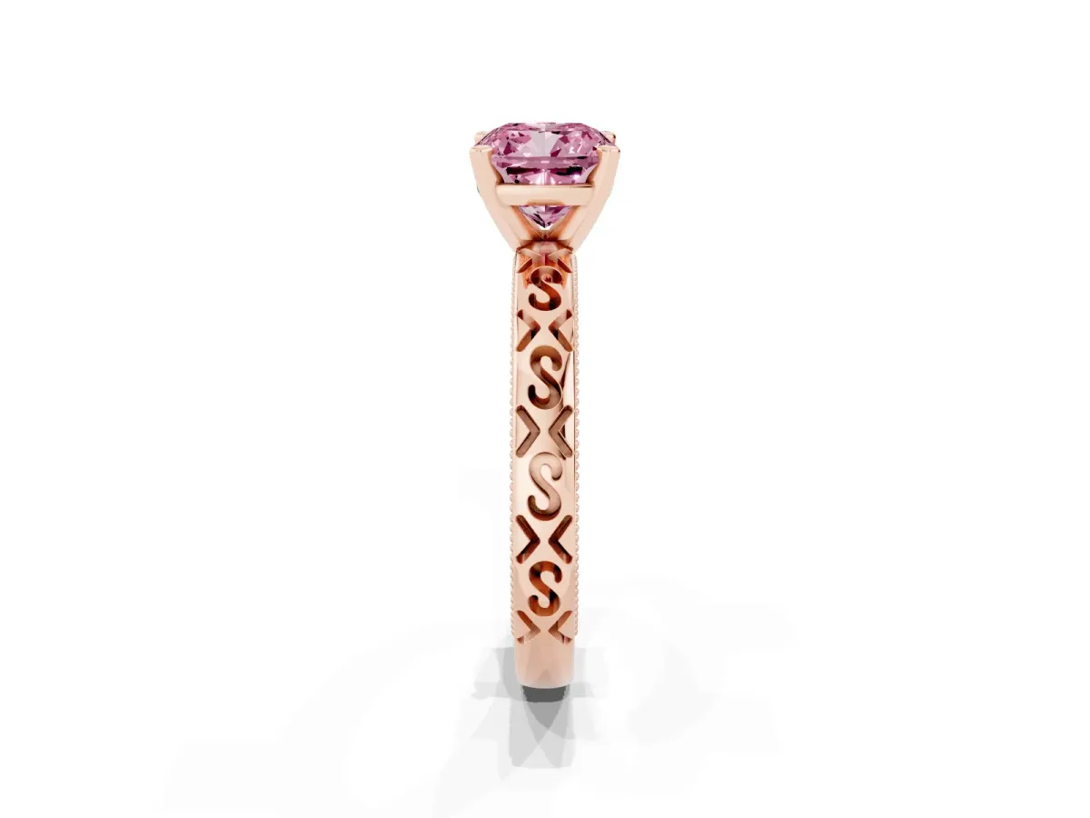Fancy Pink Cushion Cut Solitaire Engagement Ring with Scrollwork Band and Four-Prong Setting Rose gold