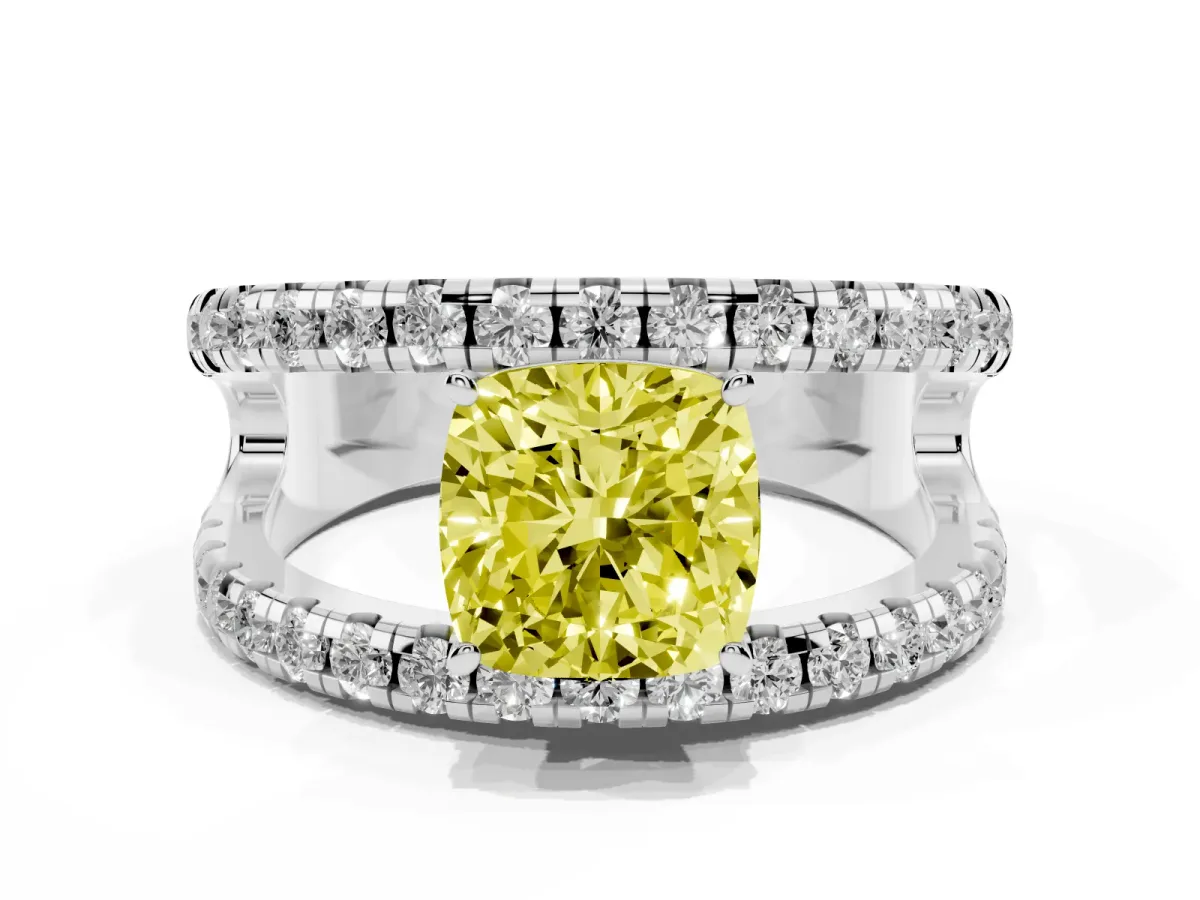 Fancy Yellow Cushion Cut Solitaire Split Shank Pave Diamond Ring Platinum
