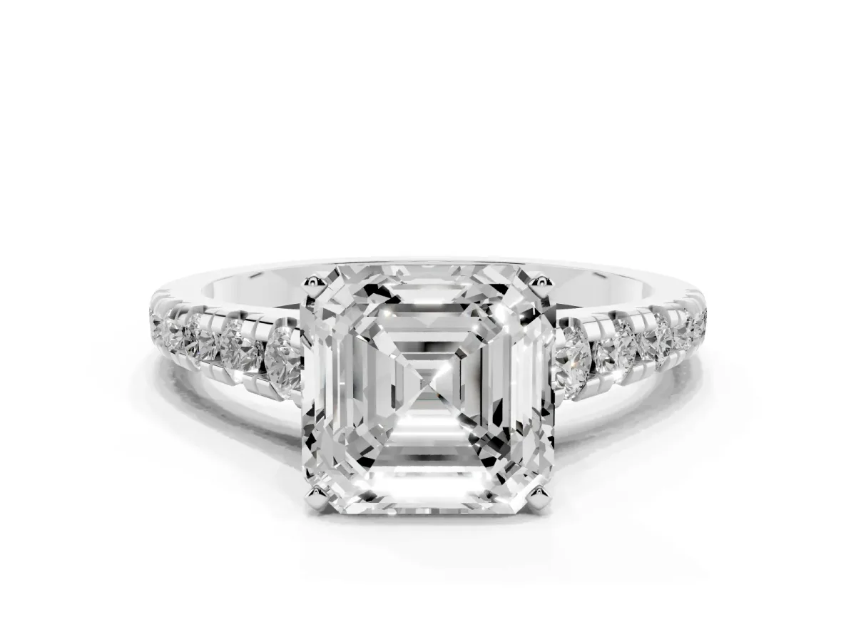 Asscher Cut Diamond Cathedral Solitaire Ring with Round Pavé Band Silver