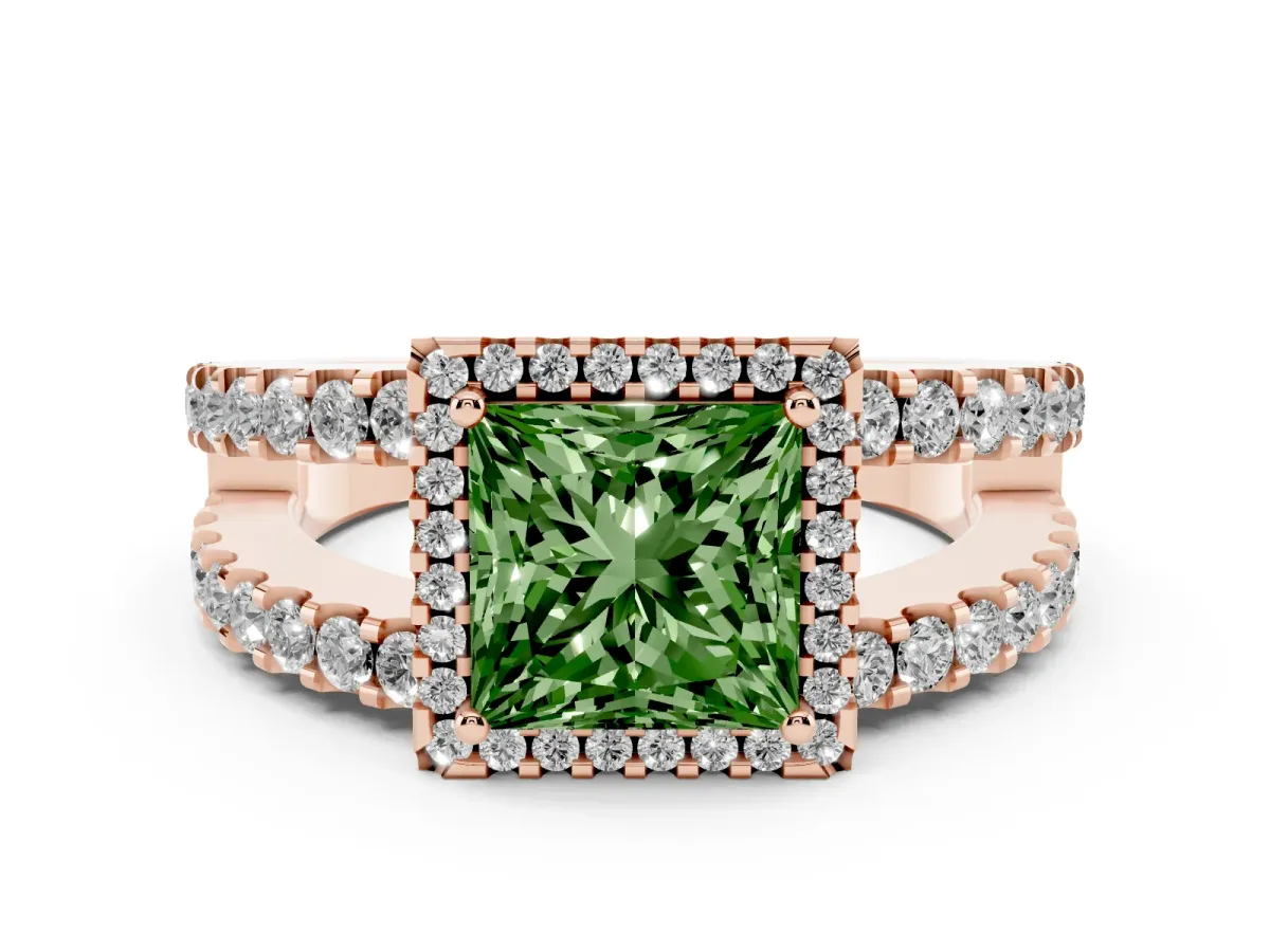 Fancy Green Princess Cut Cut Halo Split Shank Diamond Ring with Four-Prong Setting Rose gold