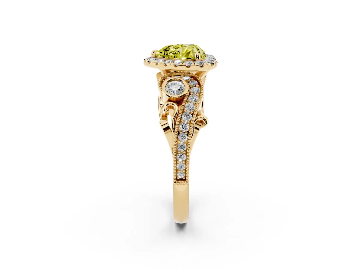 Fancy Yellow Heart Cut Halo Diamond Ring with Milgrain and Bezel Accents on a Split Shank Band Yellow gold