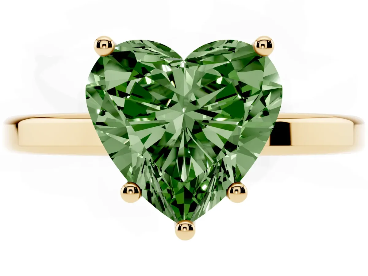 Fancy Green Heart Cut Cut Solitaire Engagement Ring with Four-Prong Setting on a Classic Band Yellow gold