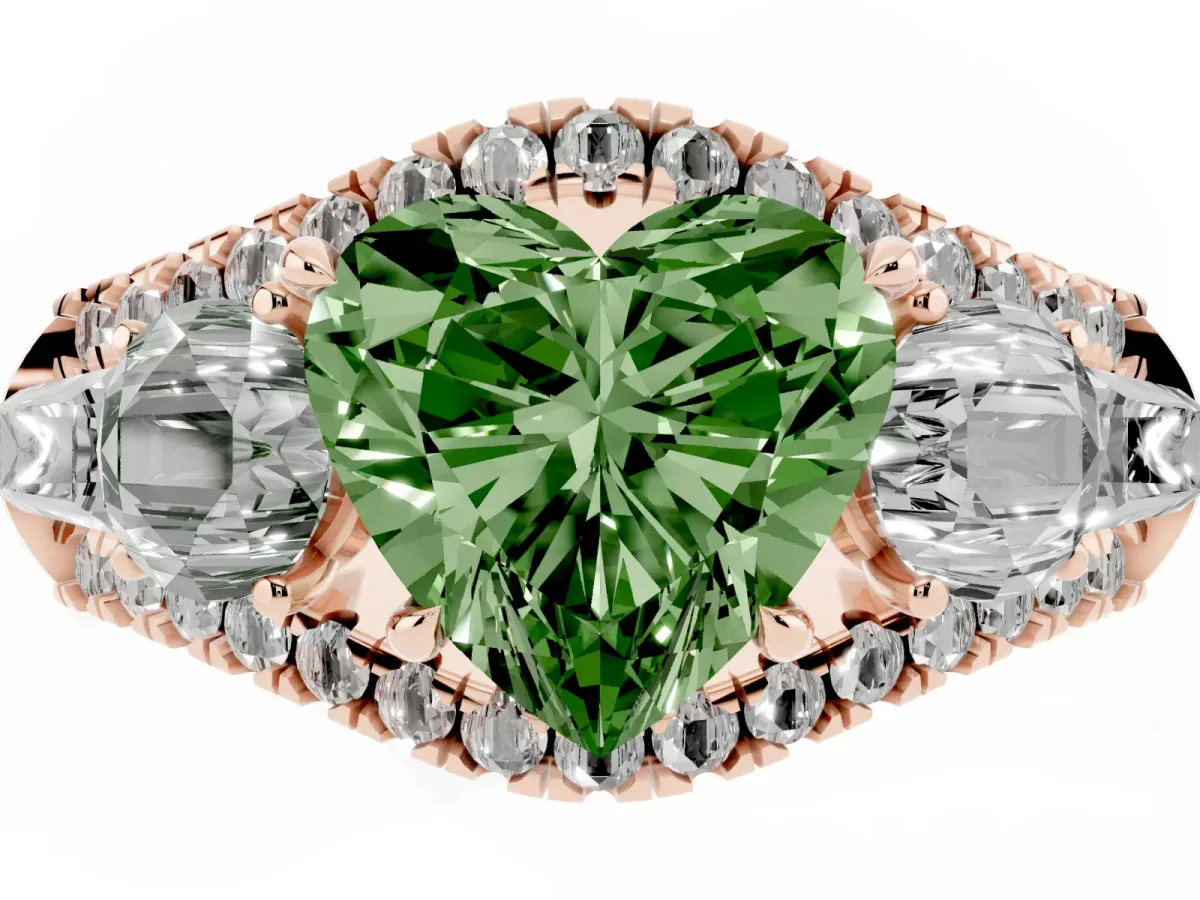 Fancy Green Three-Stone Heart Cut Diamond Engagement Ring with Pave Band and Prong Setting Rose gold