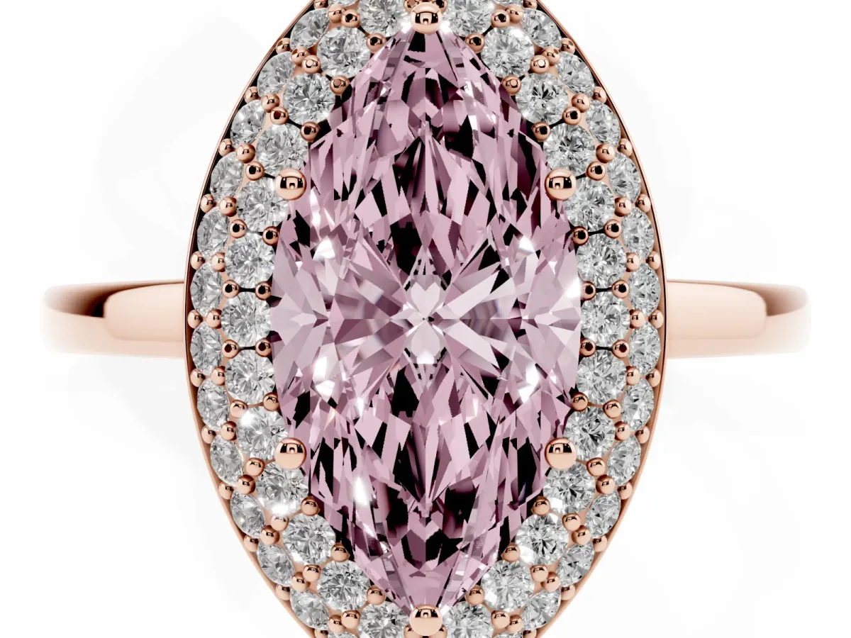 Fancy Pink Marquise Cut Halo Diamond Engagement Ring with Solitaire Band and Four-Prong Setting Rose gold