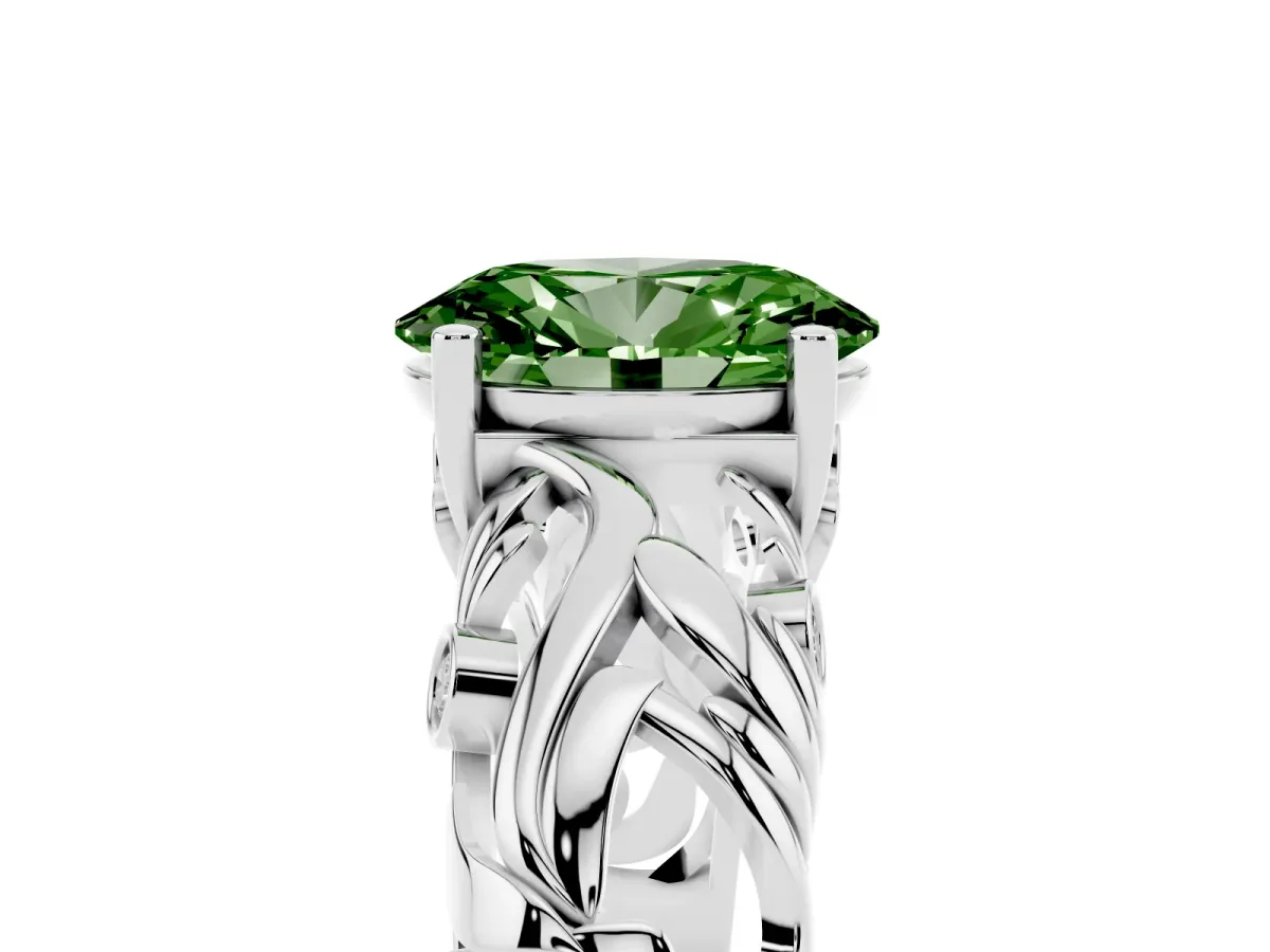 Fancy Green Oval Cut Solitaire Diamond Leaf-Inspired Vine Band Ring with Prong Setting Platinum
