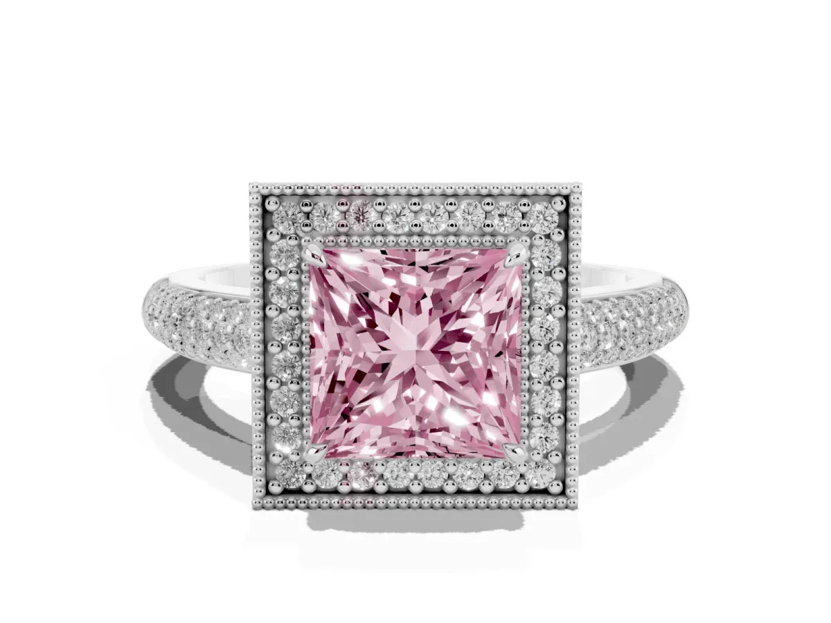 Fancy Pink Princess Cut Cut Halo Diamond Pave Band with Four-Prong Setting Silver