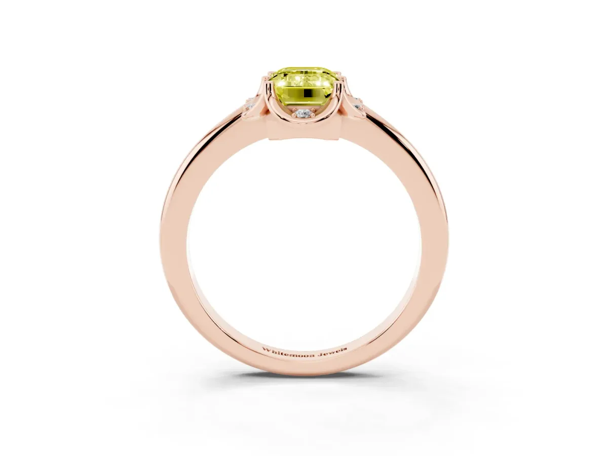Fancy Yellow Emerald Cut Halo Diamond Ring with Round Cluster Setting, Solitaire Band, and Four-Prong Setting Rose gold