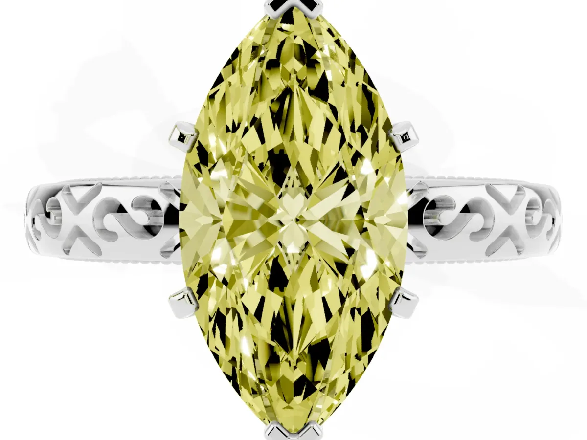 Fancy Yellow Marquise Cut Solitaire Engagement Ring with Scrollwork Band and Four-Prong Setting Platinum