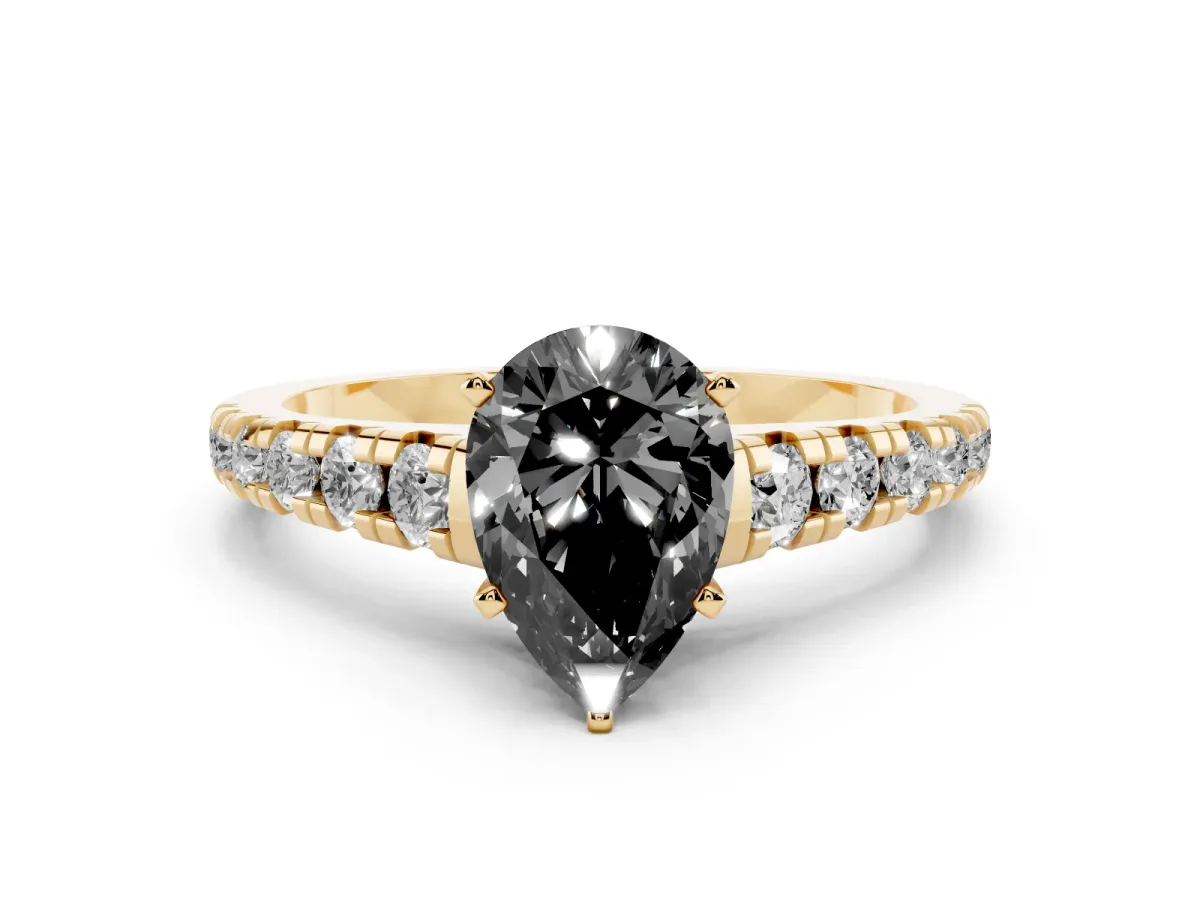 Fancy Black Pear Cut Diamond Cathedral Solitaire Ring with Round Pavé Band Yellow gold