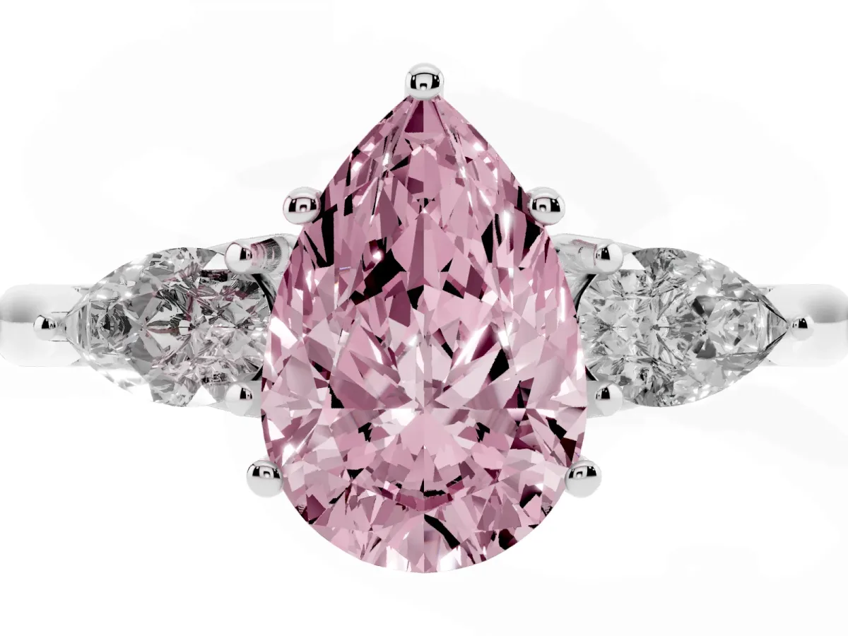 Fancy Pink Three-Stone Pear Cut Brilliant Diamond Solitaire Ring with Tapered Band and Four-Prong Setting White gold