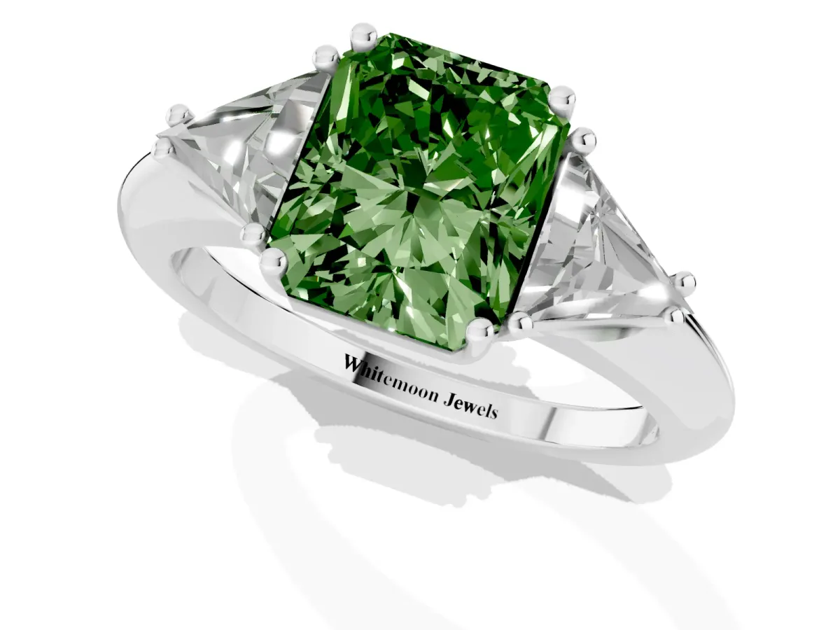 Fancy Green Three-Stone Radiant Cut Diamond Engagement Ring with Trillion Side Stones and Prong Setting Silver