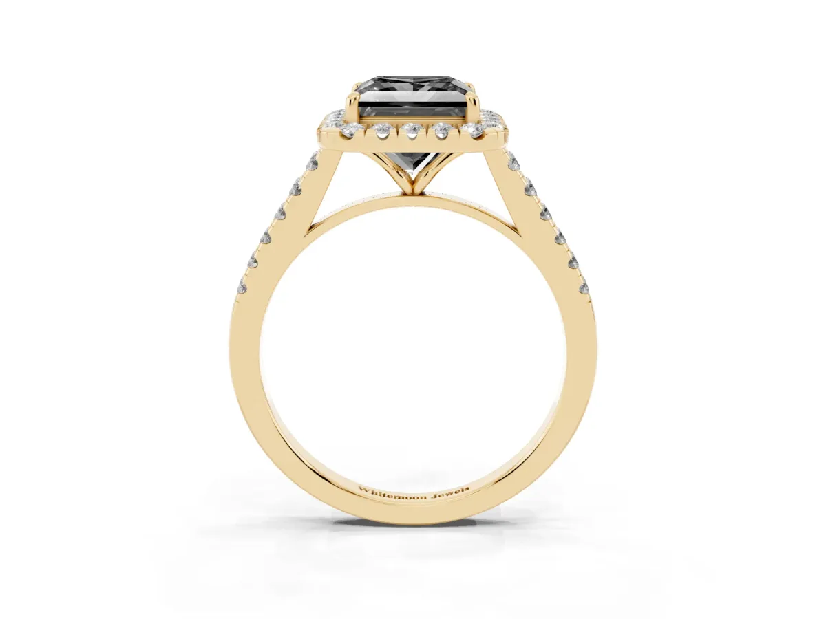 Fancy Black Princess Cut Halo Pave Diamond Engagement Ring with Four-Prong Setting Yellow gold