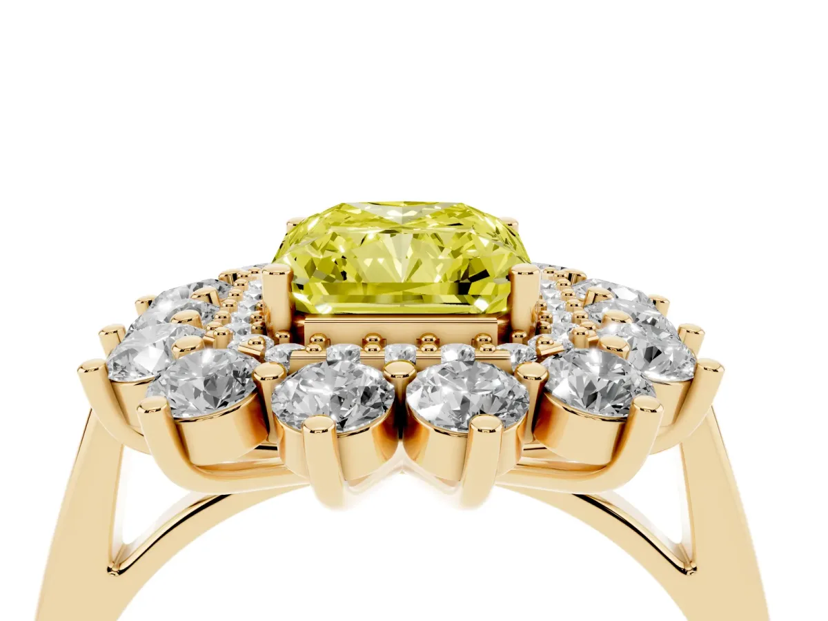 Fancy Yellow Radiant Cut Diamond Floral Double Halo Engagement Ring with Prong Setting Yellow gold