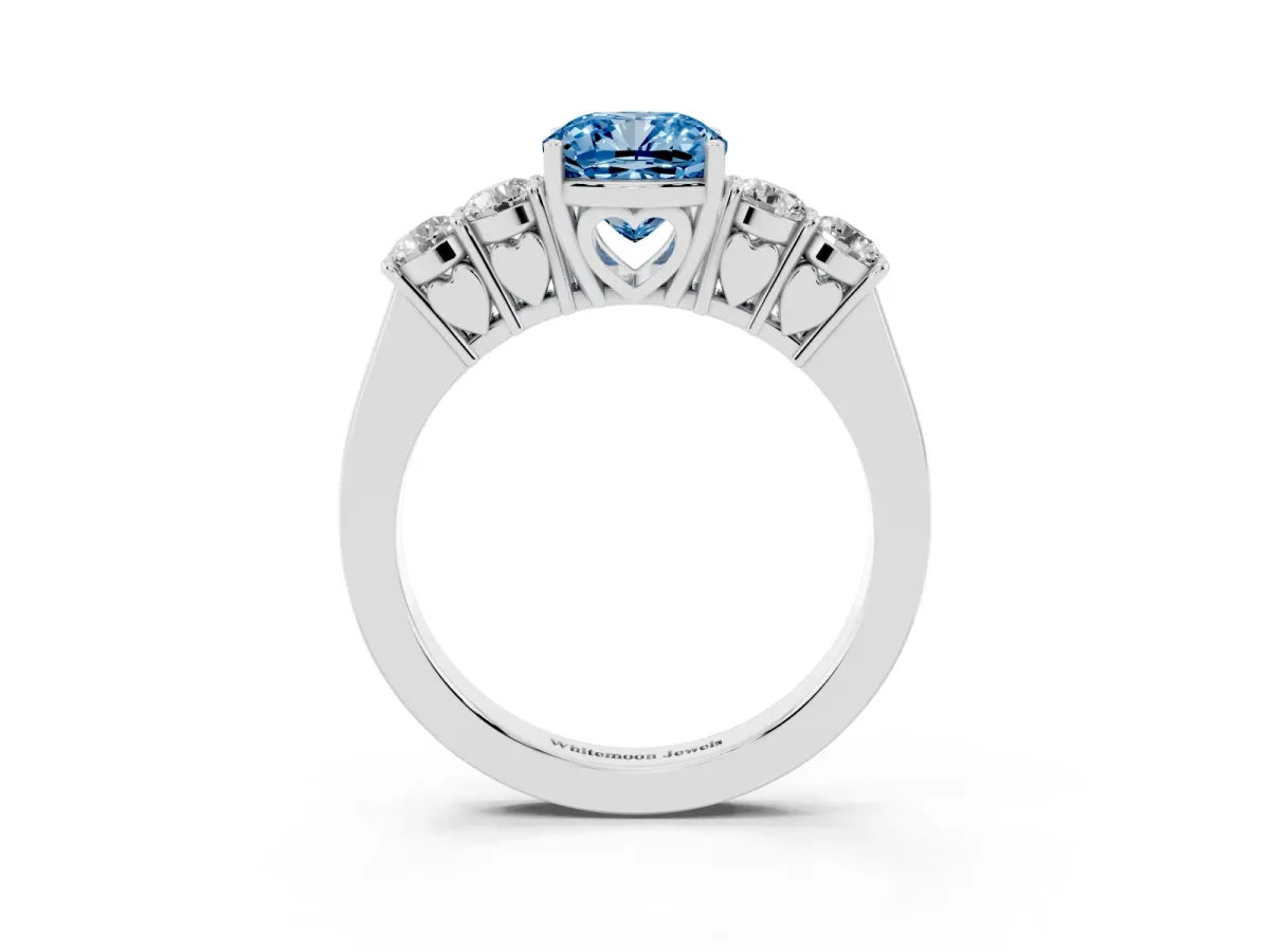 Fancy Blue Cushion Cut Cut Diamond Five-Stone Prong Set White Gold Ring Silver