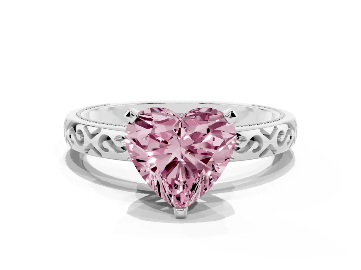 Fancy Pink Heart Cut Solitaire Engagement Ring with Scrollwork Band and Four-Prong Setting Platinum