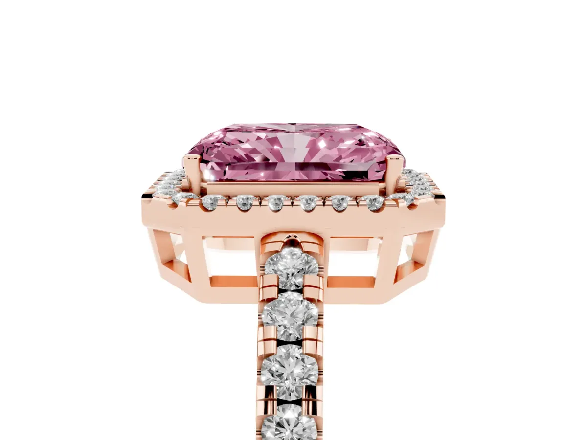 Fancy Pink Radiant Cut Diamond Halo Ring with Pavé Band and Four-Prong Setting Rose gold