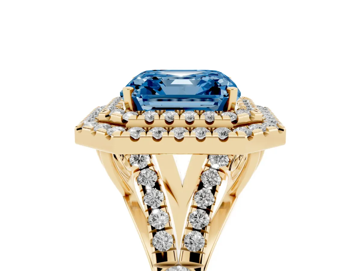 Fancy Blue Asscher Cut Diamond Pavé Split Shank Double Halo Engagement Ring Yellow gold