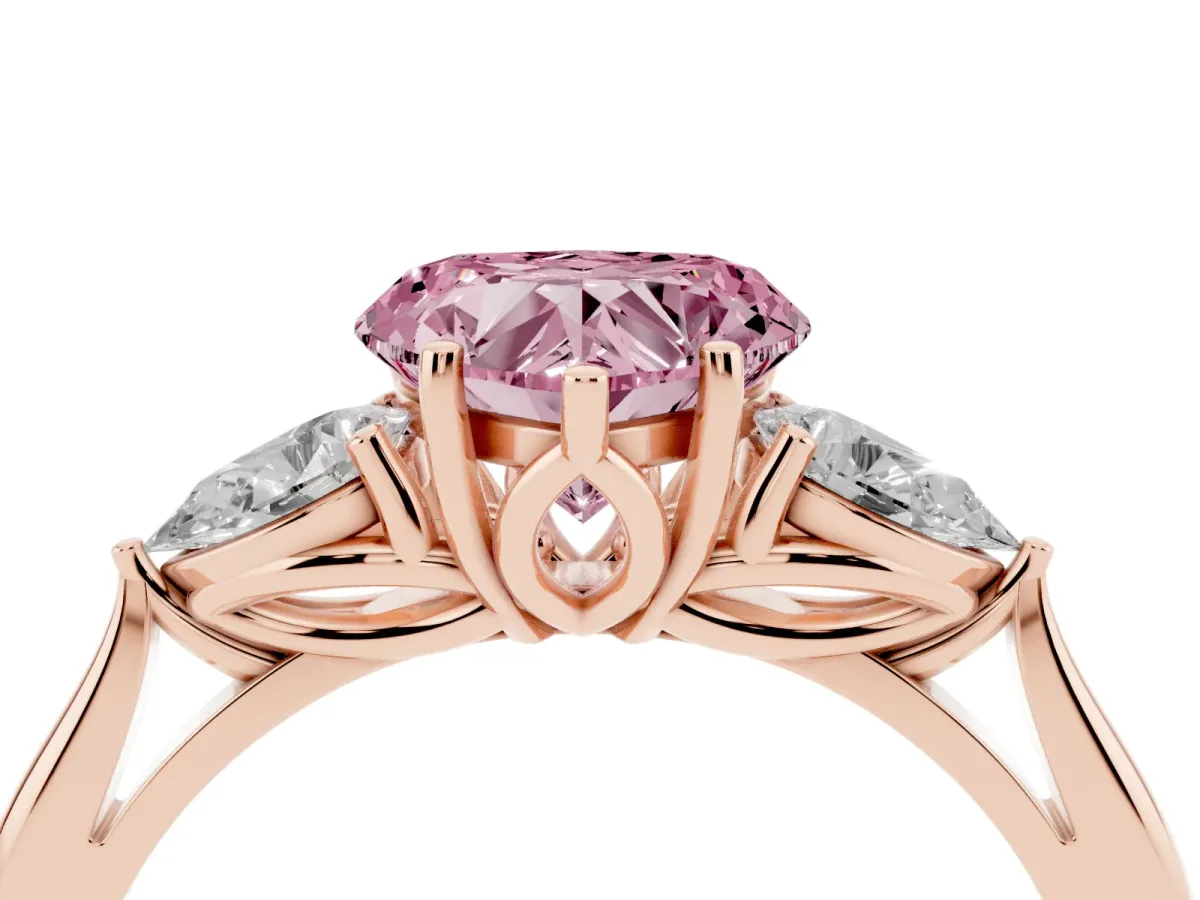Fancy Pink Heart Cut Diamond Three-Stone Ring with Pear Side Stones and Prong Setting Rose gold