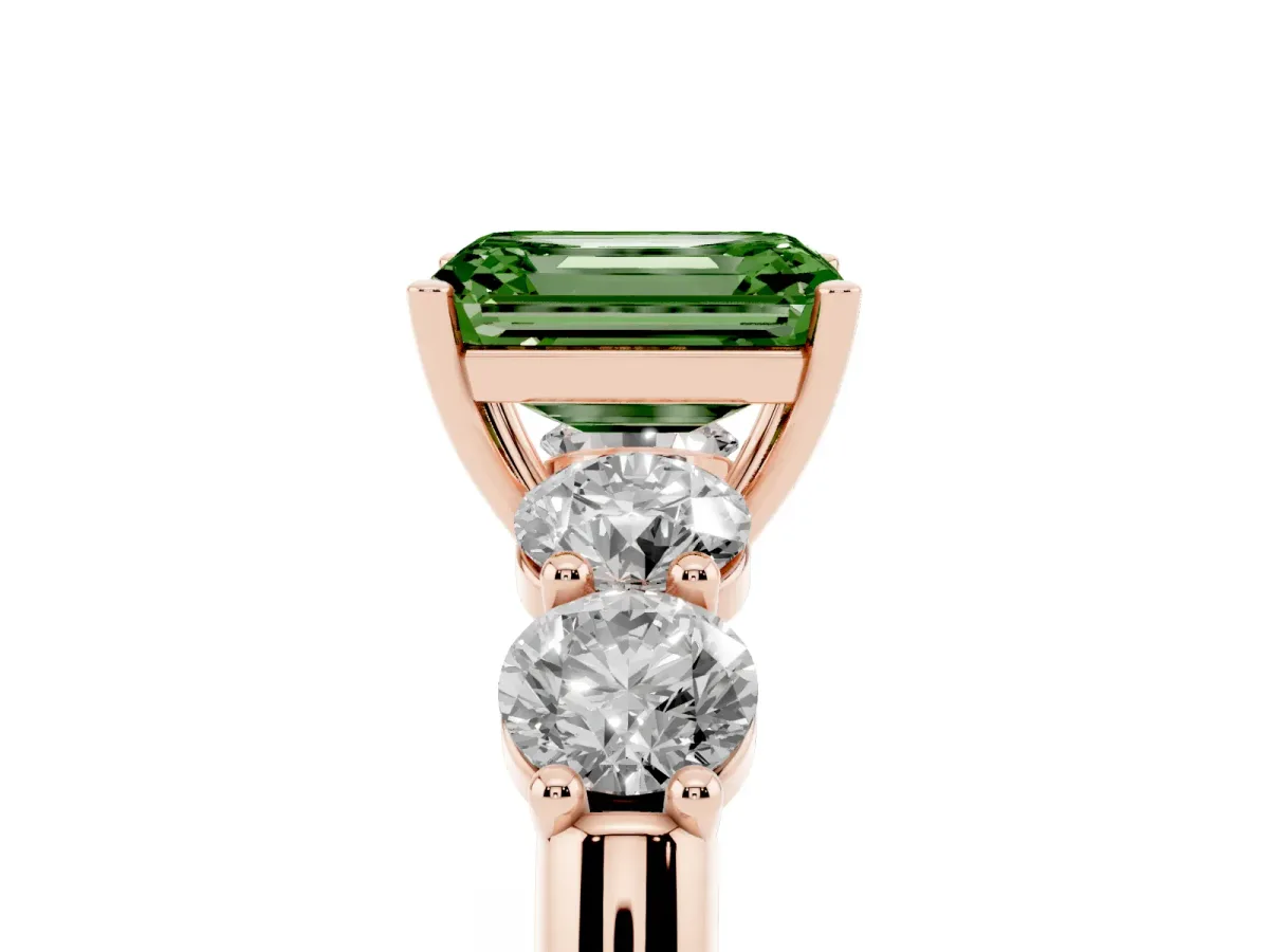 Fancy Green Emerald Cut Cut Five-Stone Prong Set Diamond Ring with Classic Band Rose gold